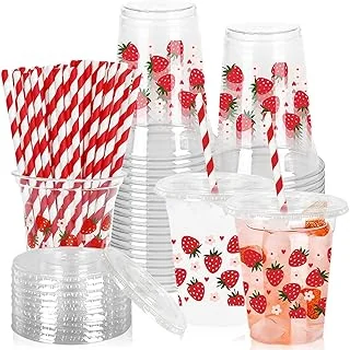 50Pcs Strawberry Plastic Cups with Lids and Straws Red Pink Strawberry Heart