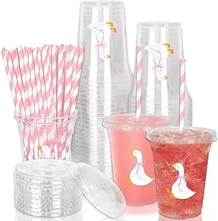 50Pcs One Silly Goose Disposable Plastic Cups with Lids and Straws 12Oz Cute