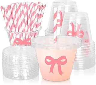 100Pcs Pink Bow Disposable Plastic Cups with Lids and Straws 9Oz Coquette Bow