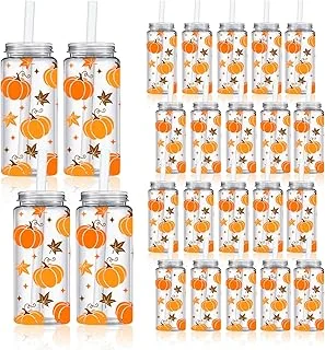 20Pcs Fall Leaves Pumpkin Plastic Cups with Lids and Straws Clear Autumn Party
