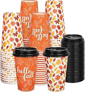 50 Pcs Hello Fall Coffee Paper Cups Autumn Leaves Pumpkin 16oz Disposable Cups