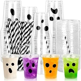60Pcs 12Oz Halloween Disposable Plastic Cups with Lids and Straws Black Spooky