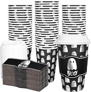 50Pcs 16Oz Halloween Disposable Coffee Cups with Lids and Sleeves Spooky Foil