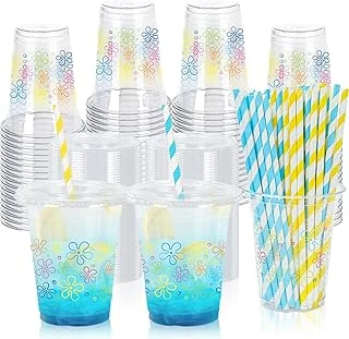 50Pcs Cartoon Sponge Plastic Cups with Lids Straws Colorful Bikini Flower Clear