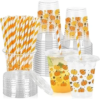 50Pcs Fall Plastic Cups with Lids Straws Orange Yellow Brown Pumpkin Maple