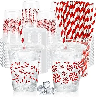 50 Pcs Christmas Disposable Plastic Cups with Lids and Straws 12 Oz Red Candy