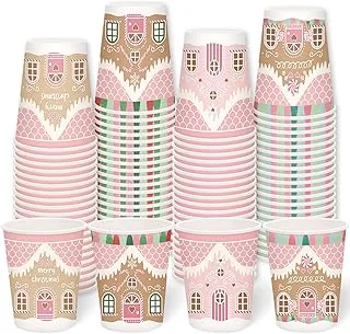100Pcs Christmas Paper Cups 9Oz Pink Gingerbread House Disposable Drink Cups