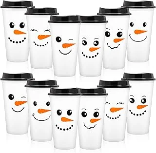 12 Pack 16Oz Christmas Reusable Coffee Cups with Lids Cute Snowman Face Plastic