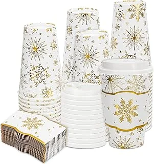 50 Sets Christmas Coffee Cups with Lids Sleeves 16oz Gold Foil Winter Snowflake