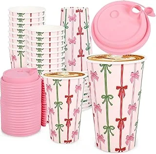 50 Set Christmas Disposable Coffee Cups with Lids Pink Red Green Bow Paper Cup