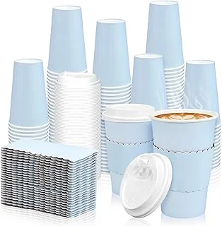 100 Pcs Light Blue Disposable Coffee Cups with Lids and Sleeves 16 Oz Insulated