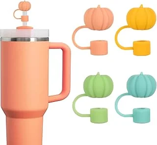Whaline 4Pcs Fall Straw Cover Cap Pink Yellow Green Blue Pumpkin Reusable Silicone Straw Topper Autumn Thanksgiving 10 mm/0.4 Inch Straws Lid Protector for 30/40 Oz Tumbler Cup