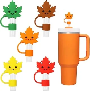 Whaline 5Pcs Fall Straw Covers Maple Leaf Silicone Reusable Straw Topper Autumn Thanksgiving Straws Caps 10mm/0.4In Straws Lids Protectors for 30/40 OZ Tumbler Cups Accessories