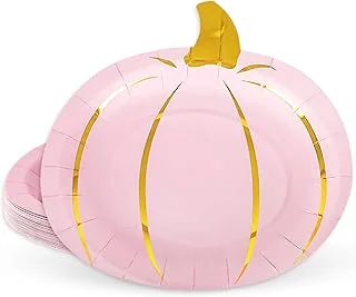Whaline 24Pcs Fall Pink Pumpkin Paper Plate Gold Foil Dinner Plate Disposable Thanksgiving Harvest Plates for Autumn Catering Events Dining Party Favors Tableware Decor Supplies