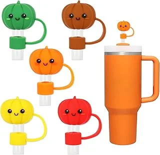Whaline 5Pcs Fall Pumpkin Straw Cover Cap Cute Pumpkin Face Reusable Silicone Straw Topper 10 Mm/0.4 Inch Straws Tip Lid Protector for Autumn Thanksgiving Party Favors