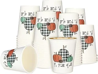 Whaline 100Pcs Fall Pumpkin Paper Cups 9 Oz Thanksgiving Pumpkin Disposable Paper Cups Autumn Harvest Pumpkins Party Cups for Juice Coffee Hot Cold Drink Autumn Thanksgiving Party Supplies