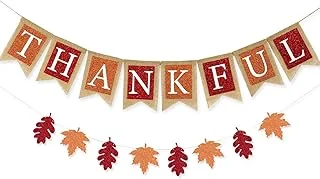 Whaline Fall Banner Thankful Burlap Banner Maple Leaf Glitter Paper Banner Pre-Assembled Rustic Bunting Garland for Autumn Harvest Hanging Decorations Thanksgiving Party Supplies Home Decoration