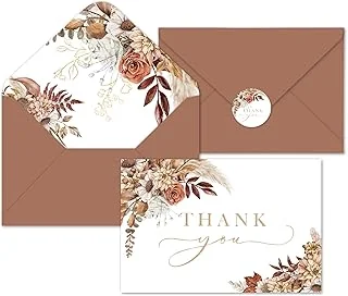 Whaline 50 Pack Boho Floral Thank You Cards Boxed Retro Flower Note Cards with Envelopes Stickers Fall Blank Card for Thanksgiving Bridal Shower Baby Shower Wedding Supplies, 4 x 6 Inch