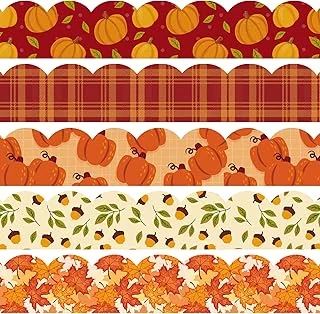 Whaline 69Ft Fall Thanksgiving Bulletin Board Borders 5 Design Maple Leaf Pumpkin Plaid Trim Board Borders Self-Adhesive Autumn Decoration Borders for School Classroom Office Party Decoration, 60Pcs