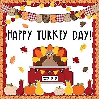 Whaline 88Pcs Thanksgiving Bulletin Board Kit Pumpkin Turkey Maple Leaf Bulletin Board Set Happy Turkey Day Decoration Borders Cutouts with Glue Points for Fall Classroom Office Home Wall Decor