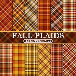 Whaline 24Pcs Fall Pattern Paper 11.8×11.8inch Autumn Buffalo Plaid Double-Sided Scrapbook Specialty Paper Folded Flat for Fall Thanksgiving DIY Background Card Making Photo Album Journal Decoration