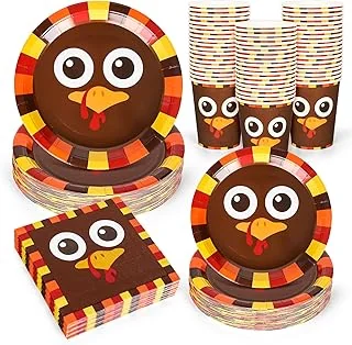 Whaline 96Pcs Thanksgiving Turkey Tableware Set Funny Turkey Face Disposable Party Supplies Fall Paper Plates Napkins and Cups for 24 Guests Autumn Harvest Table Decor