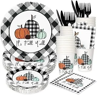 Whaline 175Pcs Fall Thanksgiving Tableware Set Buffalo Plaids Pumpkin Disposable Dinnerware Set 50Pcs Paper Plates 25Pcs Napkins Paper Cup Fork Knife Spoon for Autumn Thanksgiving Table Supplies