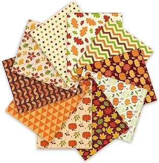Whaline 10Pcs Fall Cotton Fabric Bundles 18 x 22 Inch Fall Leaves Pumpkin Wave Dot Fat Quarters Autumn Quilting Patchwork Squares Sewing Fabrics for Fall Thanksgiving DIY Handmade Craft Party Decor