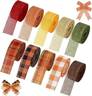 Whaline 10 Rolls 50 Yard Fall Plaid Burlap Ribbon 1 Inch Decorative Wrapping Ribbon for Autumn Thanksgiving DIY Crafts Bow Wreath Making Supplies