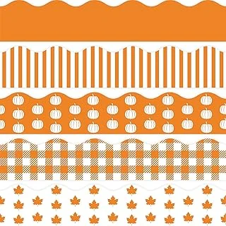 Whaline 69Ft Fall Bulletin Board Border Orange Autumn Thanksgiving Borders 60Pcs Pumpkin Maple Leaves Plaids Stripes Blackboard Border Sticker Border Trim for Harvest Classroom Chalkboard Decoration