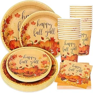 Whaline 100Pcs Fall Paper Plates and Napkins Set Colorful Pumpkin Autumn Leaves Disposable Dinnerware Set 50Pcs Paper Plate 25Pcs Napkin 25Pcs Cups for Thanksgiving Birthday Party Supplies Table Decor