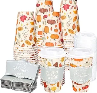 Whaline 50Pcs Fall Thanksgiving Disposable Coffee Cups with Lids and Sleeves Maple Pumpkin Paper Drinking Cups for Autumn Restaurant Travel Business Supplies, 2 Styles
