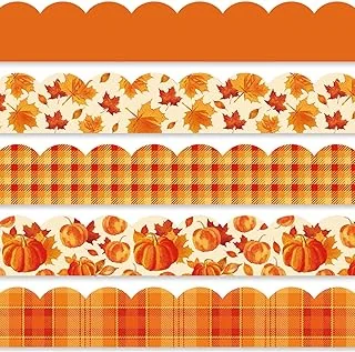Whaline 69Ft Fall Bulletin Board Borders Watercolor Pumpkin Maple Leaf Decoration Borders Orange Plaid Trim Border Bulletin Board Stickers for Autumn Harvest Thanksgiving Classroom Office Decor