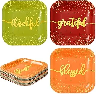 Whaline 30Pcs Fall Thanksgiving Paper Plates Gold Foil Disposable Plates Autumn Red Green Orange Square Dinner Plates for Thanksgiving Party Tableware Supplies, 9 Inch