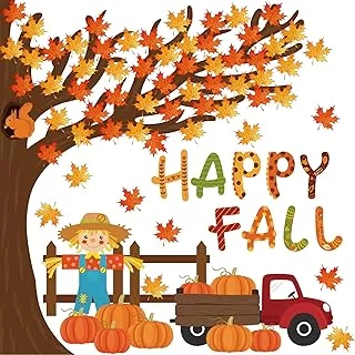 Whaline 100Pcs Happy Fall Bulletin Board Decorations Fall Tree Maple Leaf Pumpkin Scarecrow Cutouts Thanksgiving Autumn Classroom Decor with Glue Points for Home School Chalkboard Wall Decor