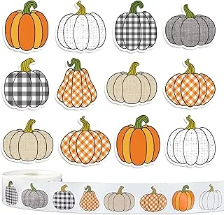 Whaline 1000Pcs Fall Thanksgiving Pumpkin Stickers Roll Pumpkin Shaped Decals Colorful Buffalo Plaid Pumpkin Pattern Self-Adhesive Sticker Autumn Sealing Labels for Fall Harvest Party Supply, 8 Design