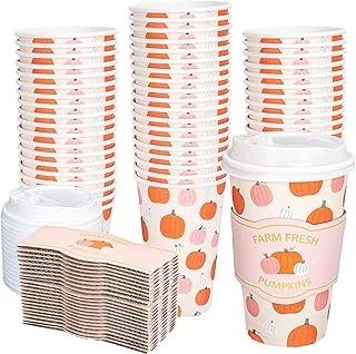 Whaline 50Pcs Fall Thanksgiving Pumpkin Coffee Cups Disposable Paper Cup with Lids and Sleeves Pink-Orange Pumpkin Paper Drinking Cups for Autumn Restaurant Travel Supplies
