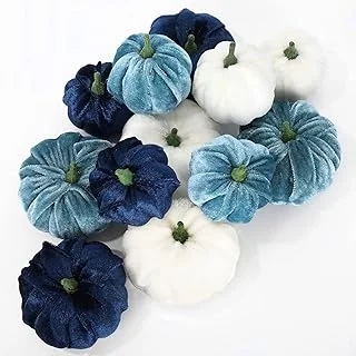 Whaline 12Pcs Fall Thanksgiving Velvet Pumpkin Blue White Artificial Pumpkins 2 Sizes Fake Fabric Pumpkin Autumn Harvest Table Centerpiece for Thanksgiving Halloween Party Mantel Farmhouse Decor