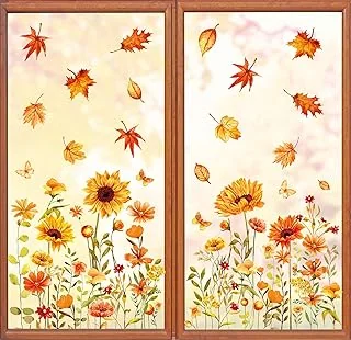 Whaline 6 Sheets Fall Floral Window Clings Watercolor Maple Leaves Sunflowers Window Decals Double-Sided Reusable Windows Stickers for Autumn Harvest Home School Office Thanksgiving Party Supplies