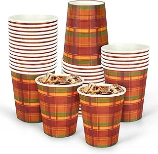 Whaline Fall Thanksgiving Paper Cups Autumn Disposable Cups Orange Red Green Buffalo Plaid Checkered Party Cup for Juice Coffee Hot Cold Drink Thanksgiving Party Supplies Table Decor, 9oz 50Pcs