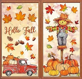 Whaline 6 Sheets Thanksgiving Fall Window Clings Watercolor Truck Pumpkin Maple Leaves Scarecrow Window Decals Double-Sided Reusable Stickers for Autumn Harvest Party Home Windows Glass Mirror Decor