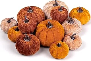 Whaline 12Pcs Fall Faux Velvet Pumpkins Thanksgiving Harvest Artificial Fake Pumpkin Rustic Assorted Sizes Orange Brown Khaki Small Foam Pumpkins for Fall Wedding Party Home Table Decor