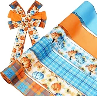Whaline 6 Rolls Thanksgiving Fall Wired Edge Ribbon Blue Orange Pumpkin Plaid Craft Ribbon Decorative Fabric Ribbons for Autumn Thanksgiving DIY Crafts, 2.5In x 90Ft