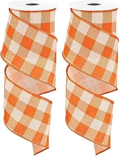Whaline 2 Rolls Fall Buffalo Wired Edge Plaids Ribbon Check Ribbon Autumn Orange Beige Plaids Ribbon 2.5 Inch Farmhouse Craft Ribbon for DIY Gift Wrapping Wreath Tree Bow Decoration, 10 Yards