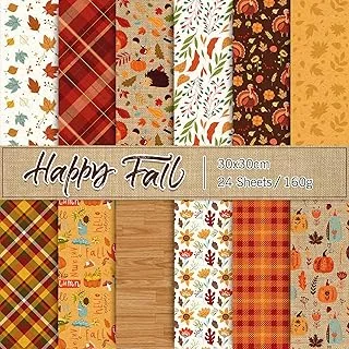 Whaline 24Pcs Fall Pattern Paper 30x30cm Colorful Fall Leaves Pumpkin Plaid Double-Sided Scrapbook Specialty Paper Folded Flat for DIY Decorative Background Card Making Photo Album Junk Journal Decor