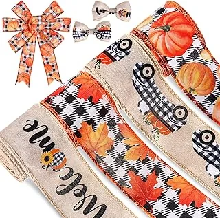 Whaline 30 Yard Fall Thanksgiving Wired Edge Ribbon White Black Buffalo Plaids Ribbon Autumn Leaves Pumpkin Truck Craft Ribbons Rustic Vintage Farmhouse Wrapping Ribbon for Wreath Floral Bow, 4 Rolls