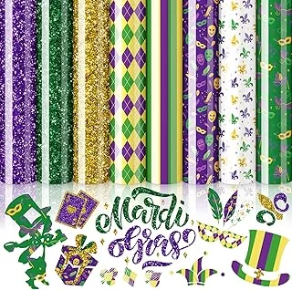 8 Sheet Mardi Gras Heat Transfer Vinyl Glitter Purple Green Gold HTV Masquerade