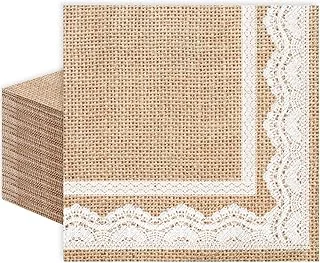 100 Pack Burlap Rustic Printed Cocktail Napkin 3Ply Natural Brown White Lace