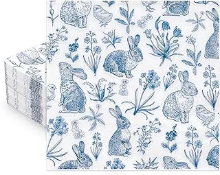 50 Pcs Blue White Easter Paper Napkins Retro Bunny Rabbit Flower Disposable