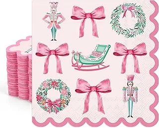100Pcs Christmas Scalloped Paper Napkin Pink Green Nutcracker Wreath Bow